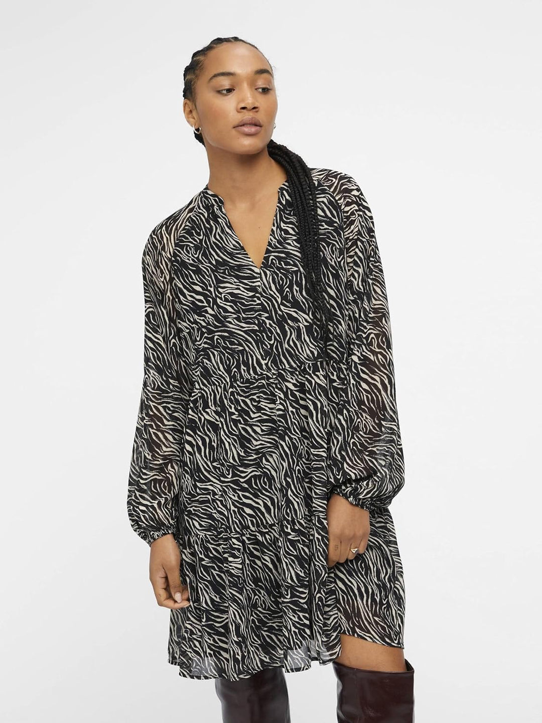 Object Mila Gia Long Sleeve Smock Dress 34 Black/Aop:sandshell Zebra, 34 Black/Aop:sandshell Zebra