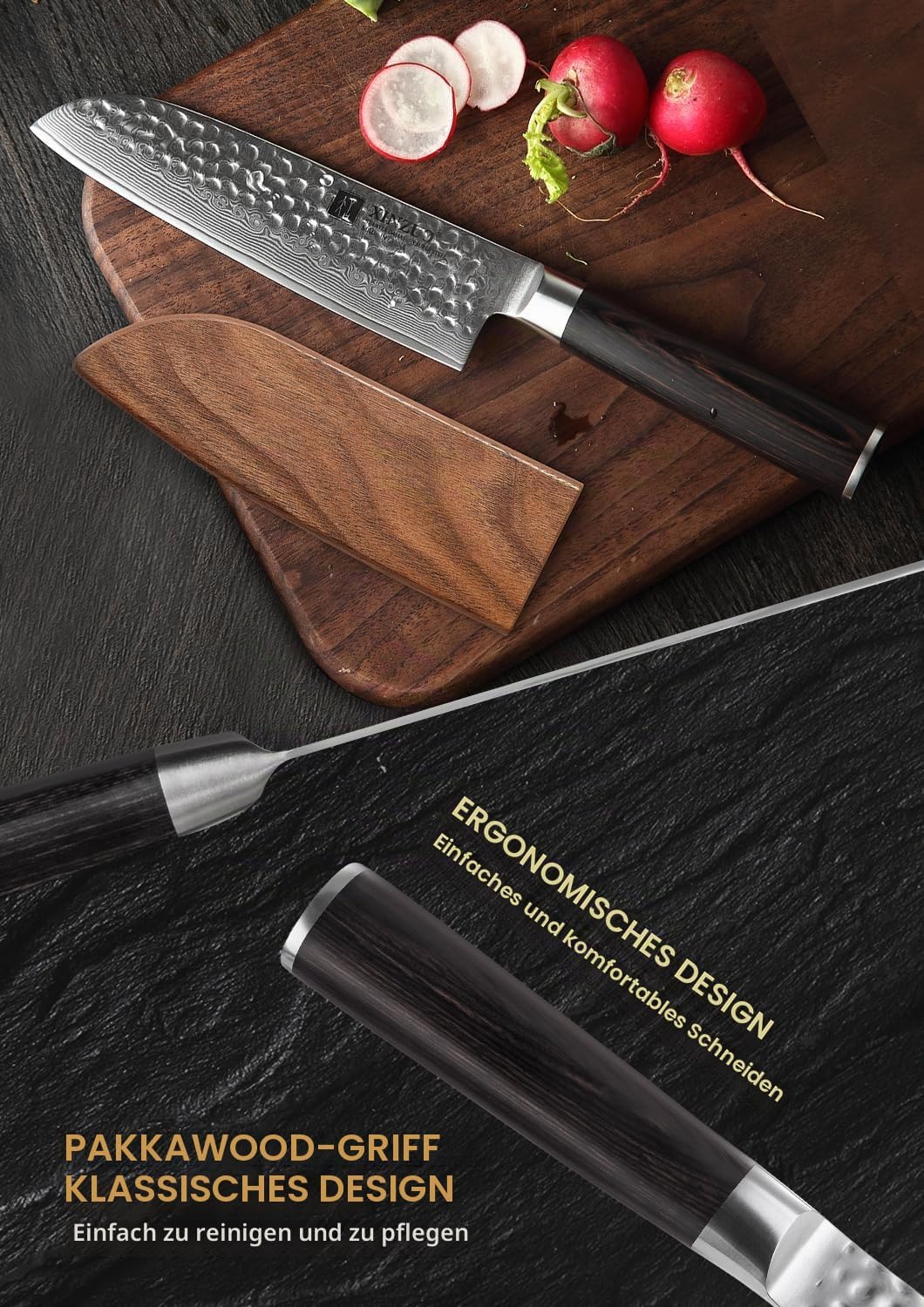 XINZUO 17.6cm Damaskus Santokumesser, Profi Damastmesser Kochmesser 67 Schichten Damaststahl Chefmes