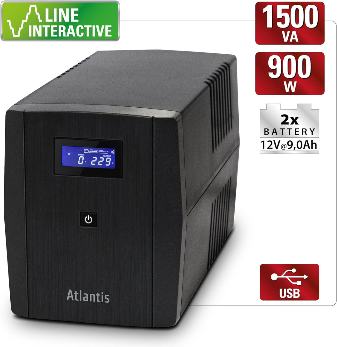 Atlantis-S1501 stepwave Line Interactive USV, 1500 VA, 900 W, Technology, v-Out 200 – 243 Vac, USB,