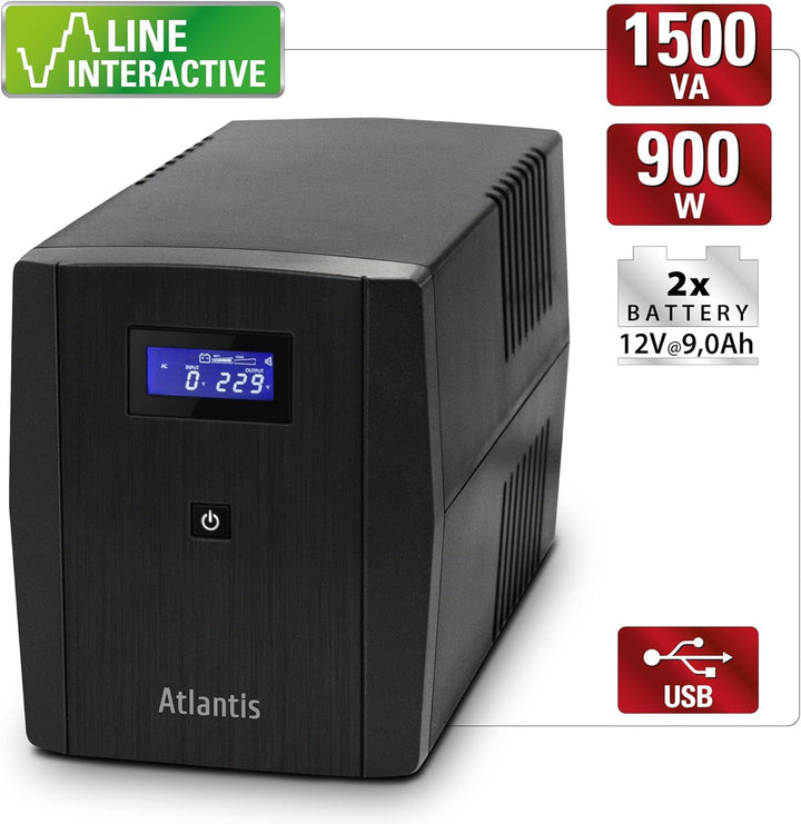 Atlantis-S1501 stepwave Line Interactive USV, 1500 VA, 900 W, Technology, v-Out 200 – 243 Vac, USB,