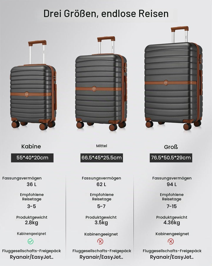 KONO Handgepäck Koffer 55x40x20 cm, Hartschalenkoffer aus ABS+PC, Leichter Reisekoffer mit 4 Rollen,