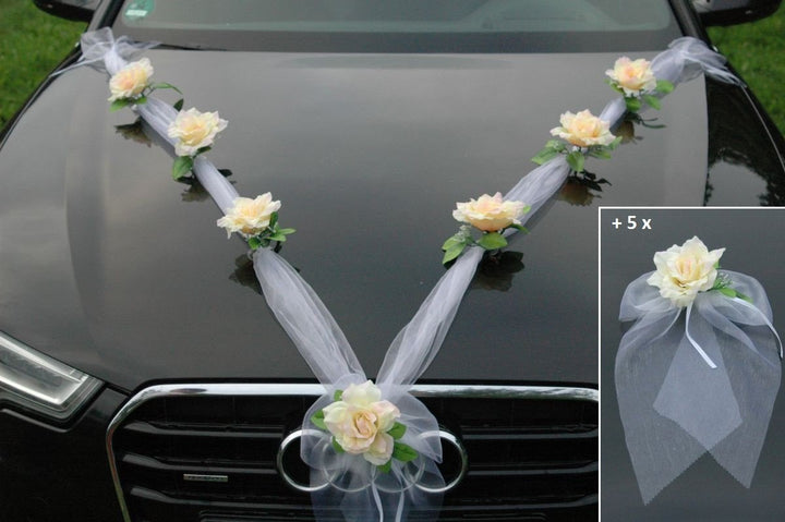 Organza M + Schleife Auto Schmuck Braut Paar Rose Deko Dekoration Autoschmuck Hochzeit Car Auto Wedd