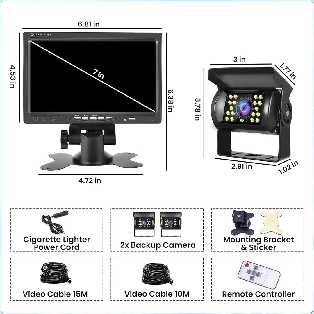 Hikity Rückfahrkamera 2 Kameras Set, 7 Zoll LCD Monitor, Wasserdichtes Rückfahrkamera Nachrüsten Set