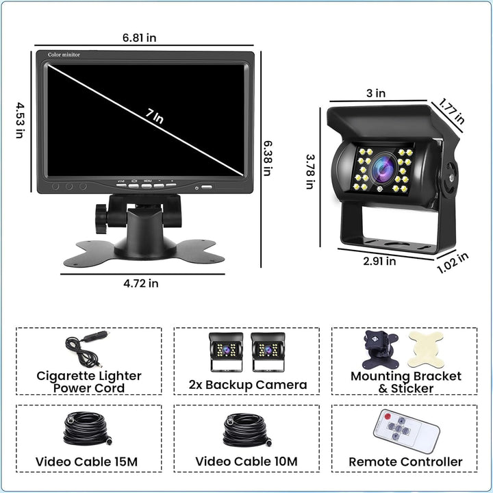 Hikity Rückfahrkamera 2 Kameras Set, 7 Zoll LCD Monitor, Wasserdichtes Rückfahrkamera Nachrüsten Set