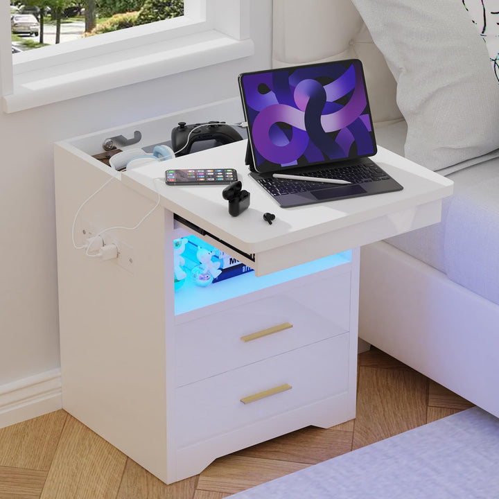 PIPIPOXER LED Nachttisch mit Steckdose, Nachttisch in Weiss mit grossen Stauraum, Nachtschrank Led L