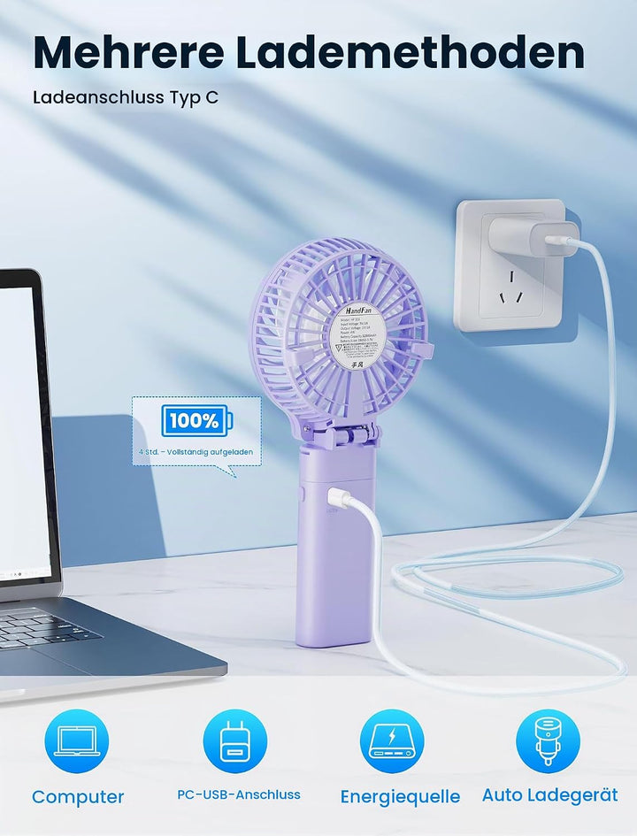 HandFan Handventilator, 5200 mAh, wiederaufladbar, 20 Stunden Laufzeit, Handventilator, 3 Geschwindi