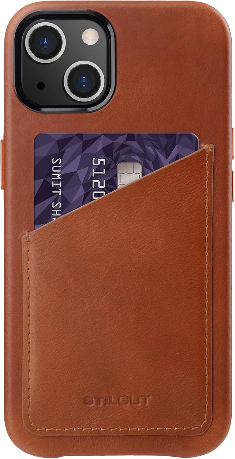 STILGUT Cover kompatibel mit iPhone 13 Hülle mit Kartenfach, Case aus Leder, Kartenhülle - Cognac Na