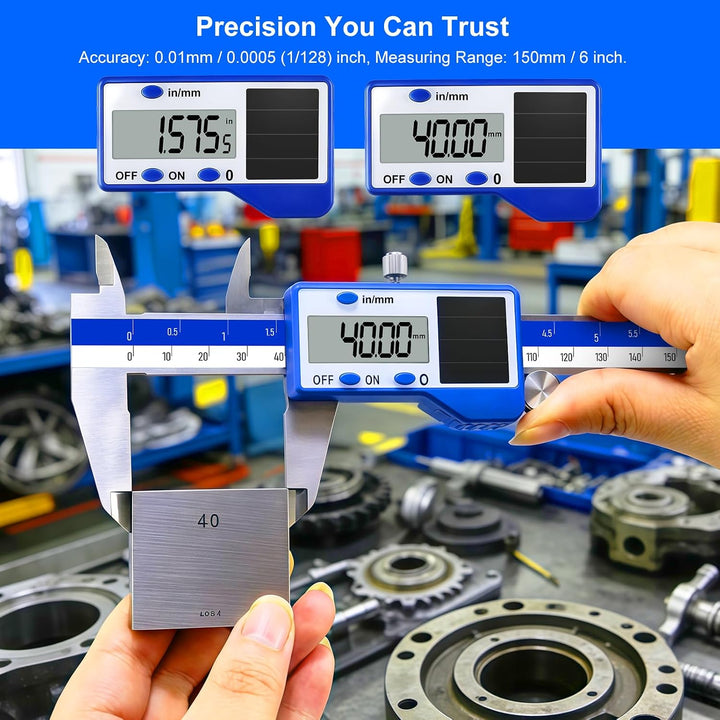 solar-powered electronic vernier calipers, with dual IN/MM scale display, one-second reading, and pr