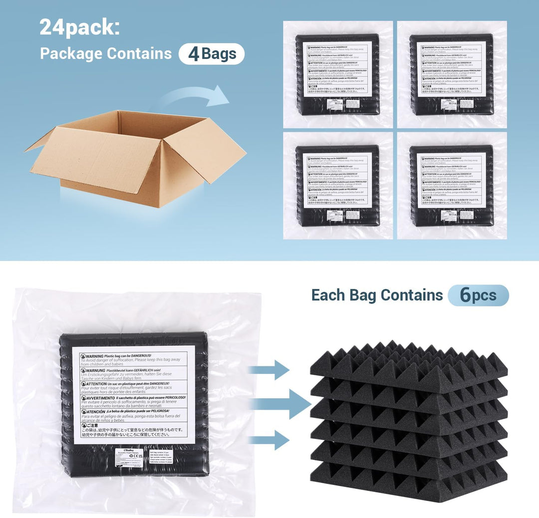 Ohuhu Akustikschaumstoff Akustikpaneele 24 Stück mit Aufkleber, Schalldämmung Wand Schallabsorber Ak