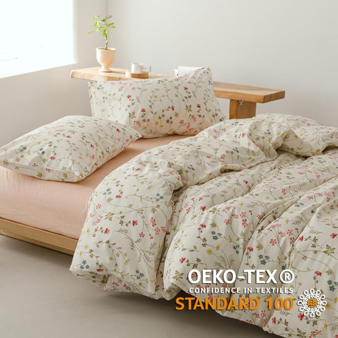 Freyamy Blumen Bettwäsche 155x220cm 2teilig Baumwolle Beige Rosa Bunt Floral Blätter Pflanzen Bettwä