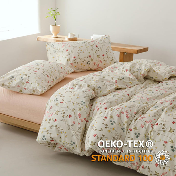 Freyamy Blumen Bettwäsche 155x220cm 2teilig Baumwolle Beige Rosa Bunt Floral Blätter Pflanzen Bettwä