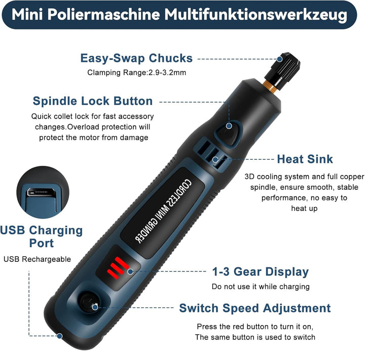Elektrischer Gravierstift mit 50 Bits, 3-Gang Einstellbar Bis Zu 15.000 U/min, Wiederaufladbare USB-