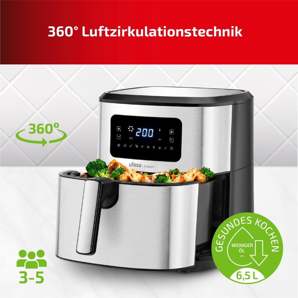 Ufesa Falcon Friteuse Heissluftfritteuse 6,5L, Edelstahl, Air Pulse Technologie, 8 Programme, 1700W,
