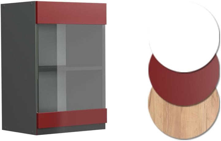 Vicco Küchenschrank Glas R-Line, Rot/Anthrazit, 40 cm J-Shape Rot Hängeglasschrank 40 cm grifflos, R