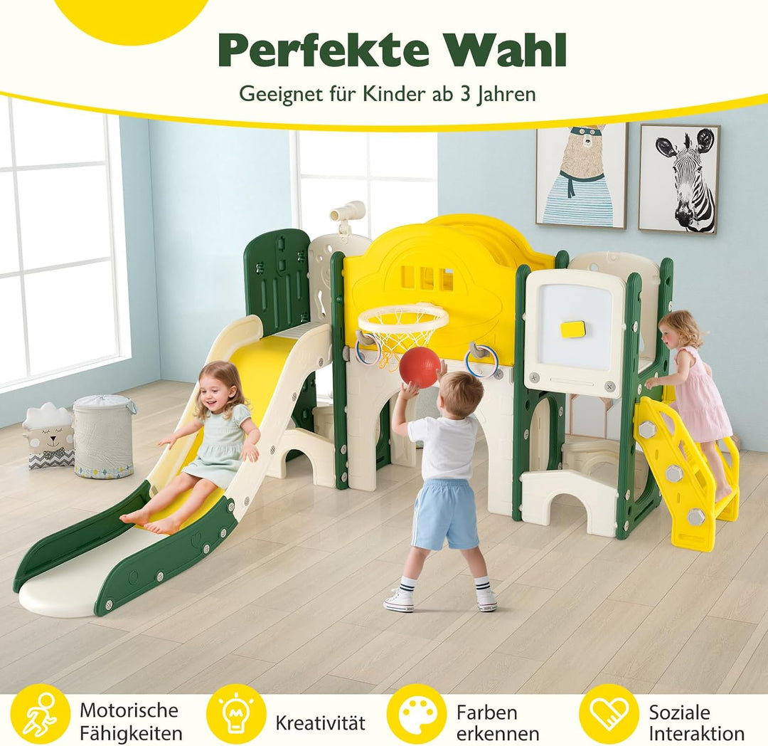 COSTWAY Kinder Rutsche faltbar, 10 in 1 Kinderrutsche mit Basketballkorb, Wurfspiel, Tafel, Tunnel,