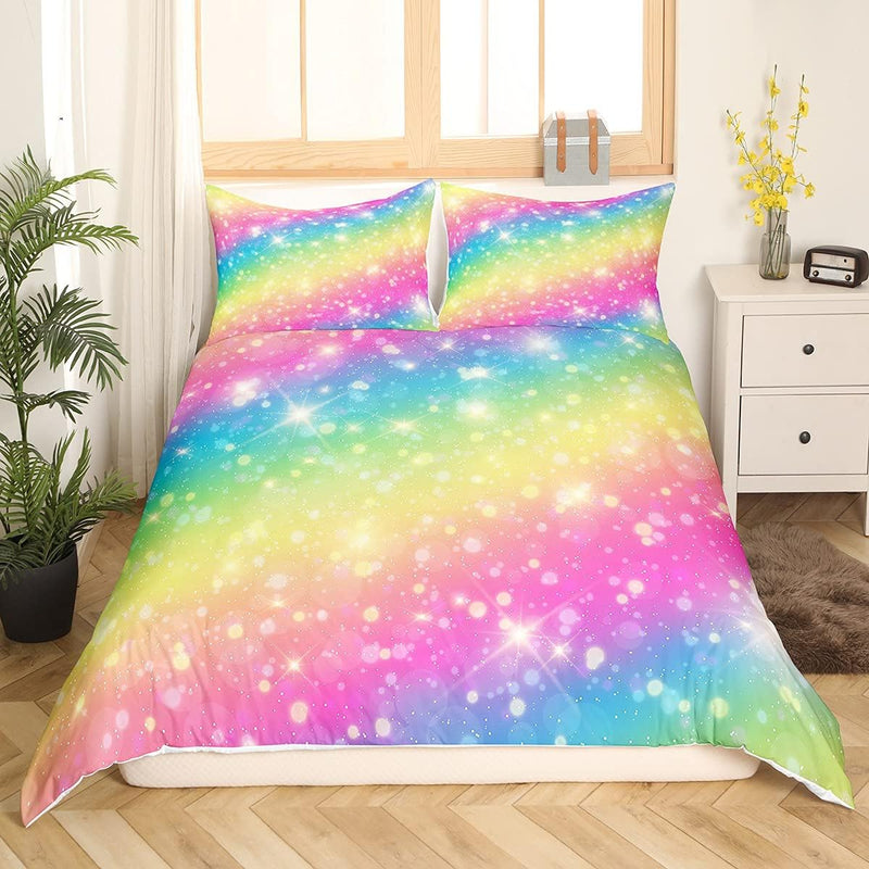 Loussiesd Regenbogen Farbe Tröster Bettwäsche 135x200 cm Mädchen Kinder Blingling Dekor Bettwäsche S