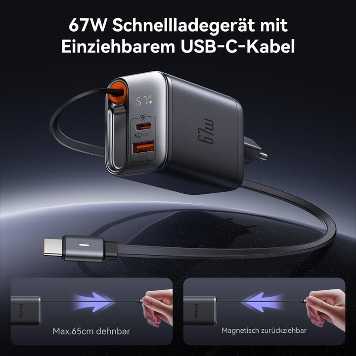Mcdodo 67W USB C Ladegerät mit Einziehbarem Kabel Netzteil USB C GaN Schnellladegerät 3-Port 67W GaN