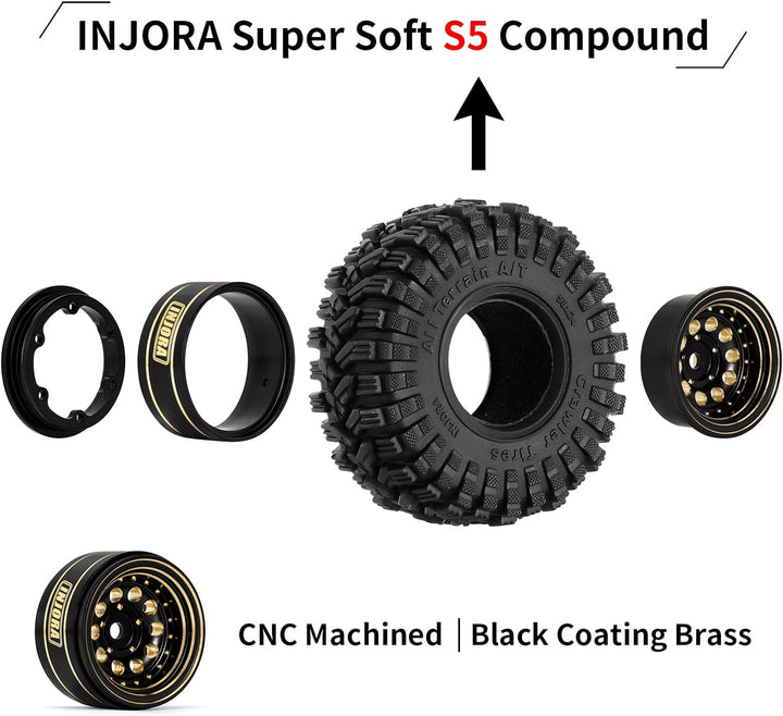 INJORA Schwarze Beschichtung Messing 1.0 Beadlock Rad Reifen Set für Axial SCX24 AX24 TRX4M FCX24 Up