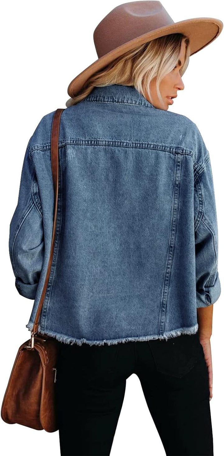 JayscreateEU Female Jeansjacke Kurze jacke Denim Jean Mantel Outwear Lange Ärmel Damen Jeansjacke mi