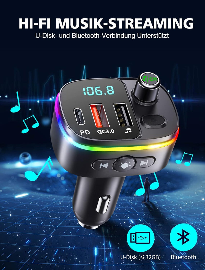 Mohard Bluetooth Adapter Auto, PD 18W&QC3.0 FM Transmitter Auto, 9 RGB Beleuchtungsmodi, 3 USB Ansch