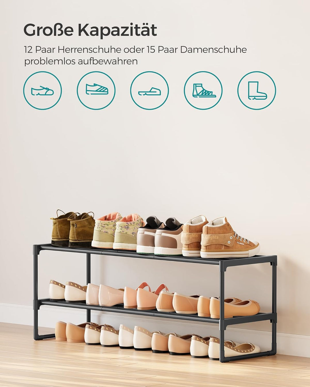 SONGMICS Schuhregal 2 Ebenen, Schuhständer Metall, Schuhaufbewahrung, Schuh-Organizer, aufrecht oder
