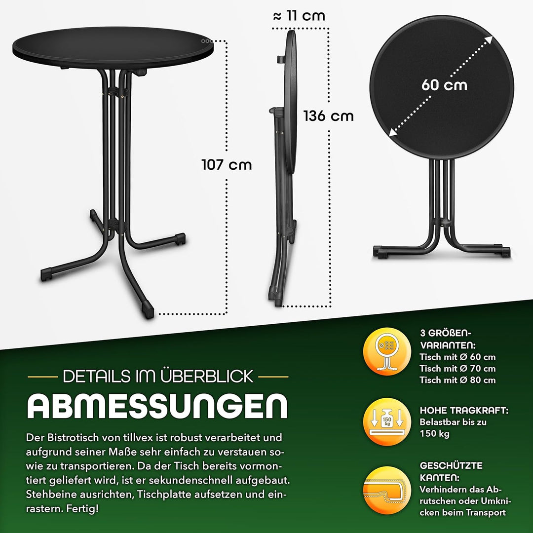 tillvex® Gastro Stehtisch klappbar Ø60cm mit Husse | Bistrotisch FERTIG MONTIERT | Klapptisch rund -