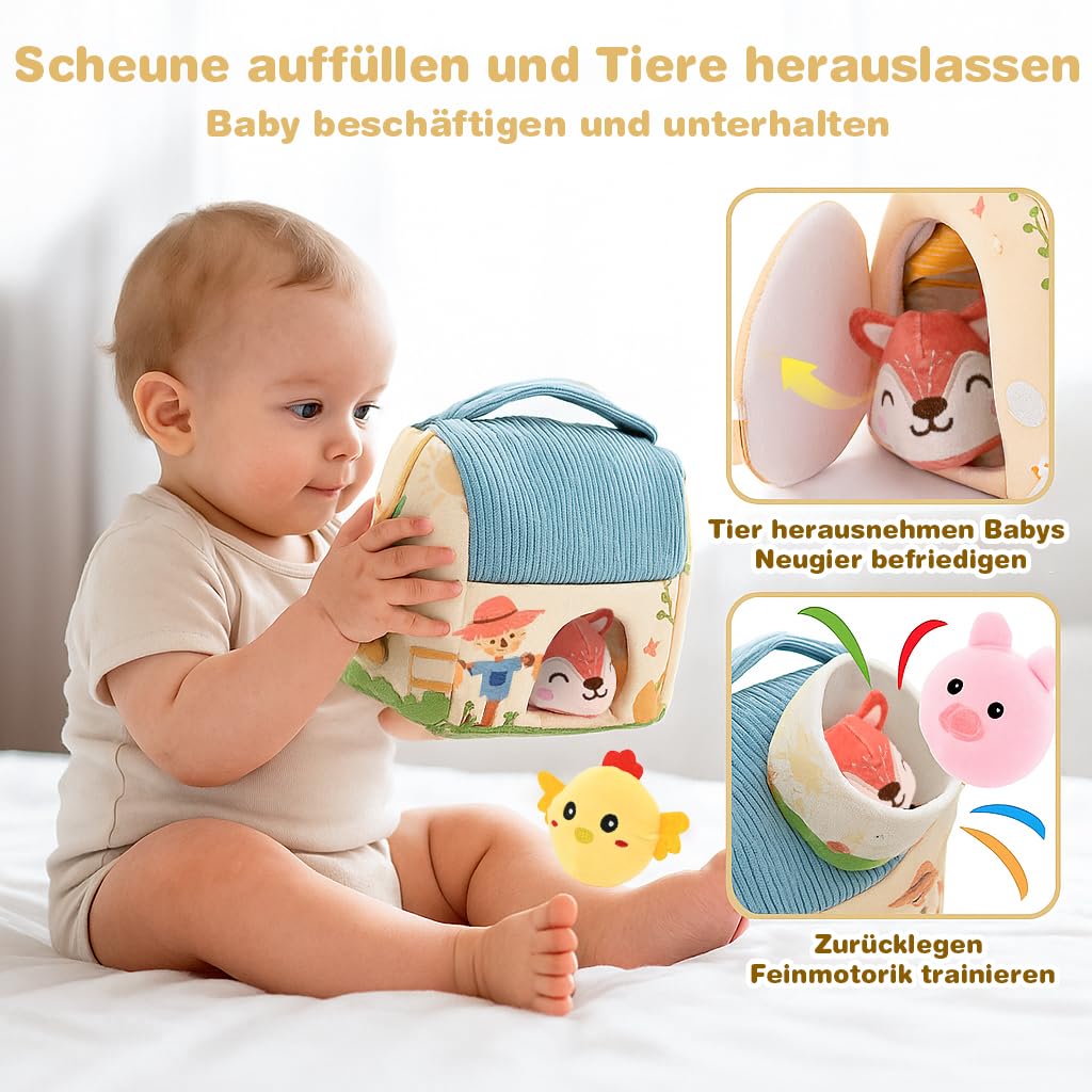 Montessori Baby Spielzeug ab 6 -12 Monate, Weiches Bauernhof-Set mit 5 Tieren, Rassel & Spiegel, Sen