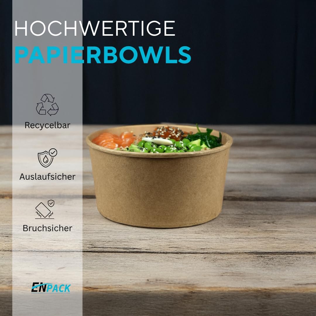 Enpack - 750ml Pappschalen für Lebensmittel aus Kraft Papier mit RPET Deckel 100 Stück - Einweg Papp
