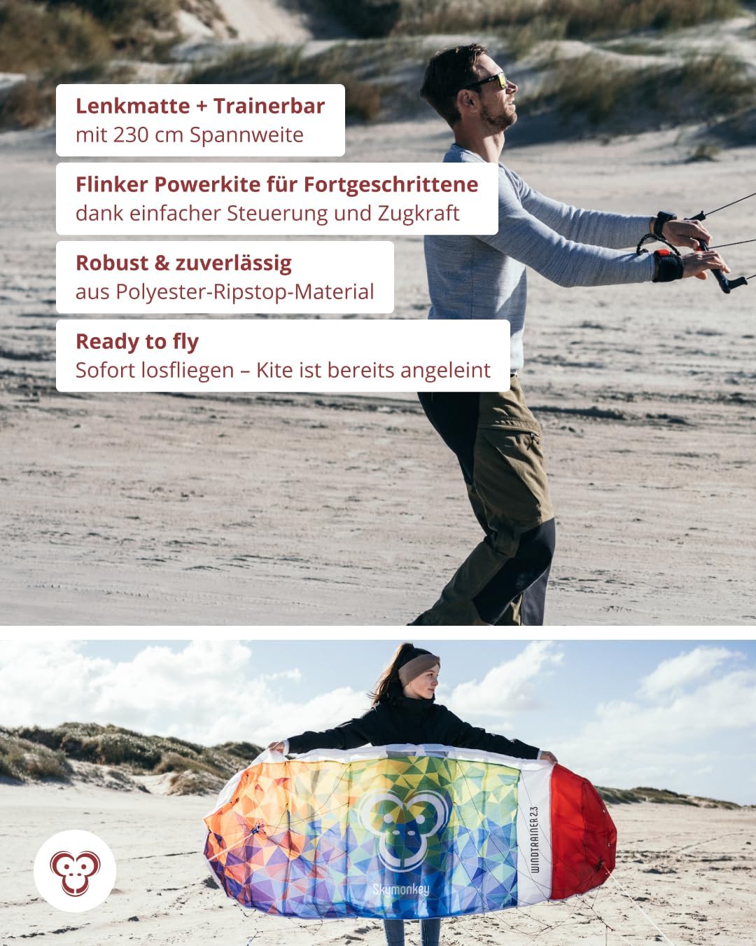 Skymonkey Windtrainer, Trainer-Kite / 4-Leiner Lenkmatte inkl. Trainerbar, Ready 2 Fly, mit 230 cm o