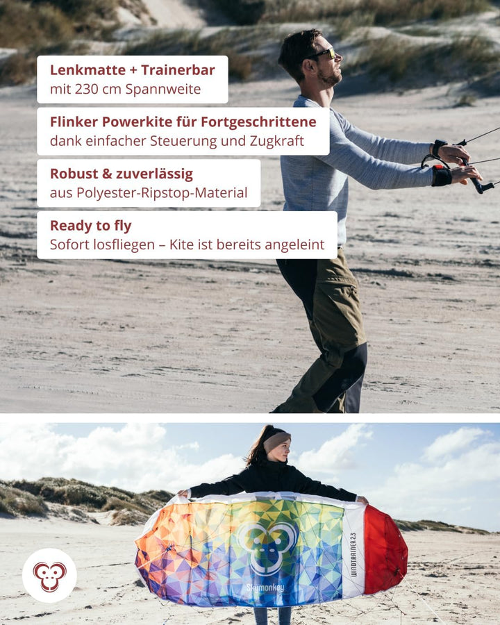 Skymonkey Windtrainer, Trainer-Kite / 4-Leiner Lenkmatte inkl. Trainerbar, Ready 2 Fly, mit 230 cm o