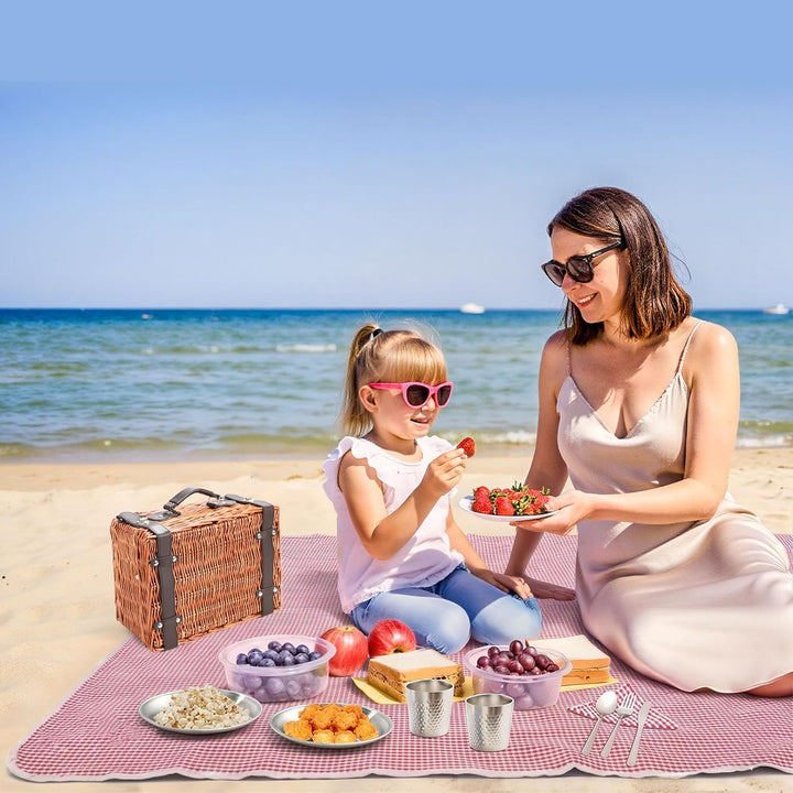 Weiden-Picknickkorb für 2 Personen, Weidenkorb mit Wasserfester Picknickdecke und Besteckset, Pickni