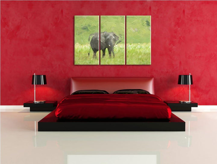 gigantischer Elefant im Gras NewArt 3-Teiler Leinwandbild 120x80 Bild auf Leinwand, XXL riesige Bild