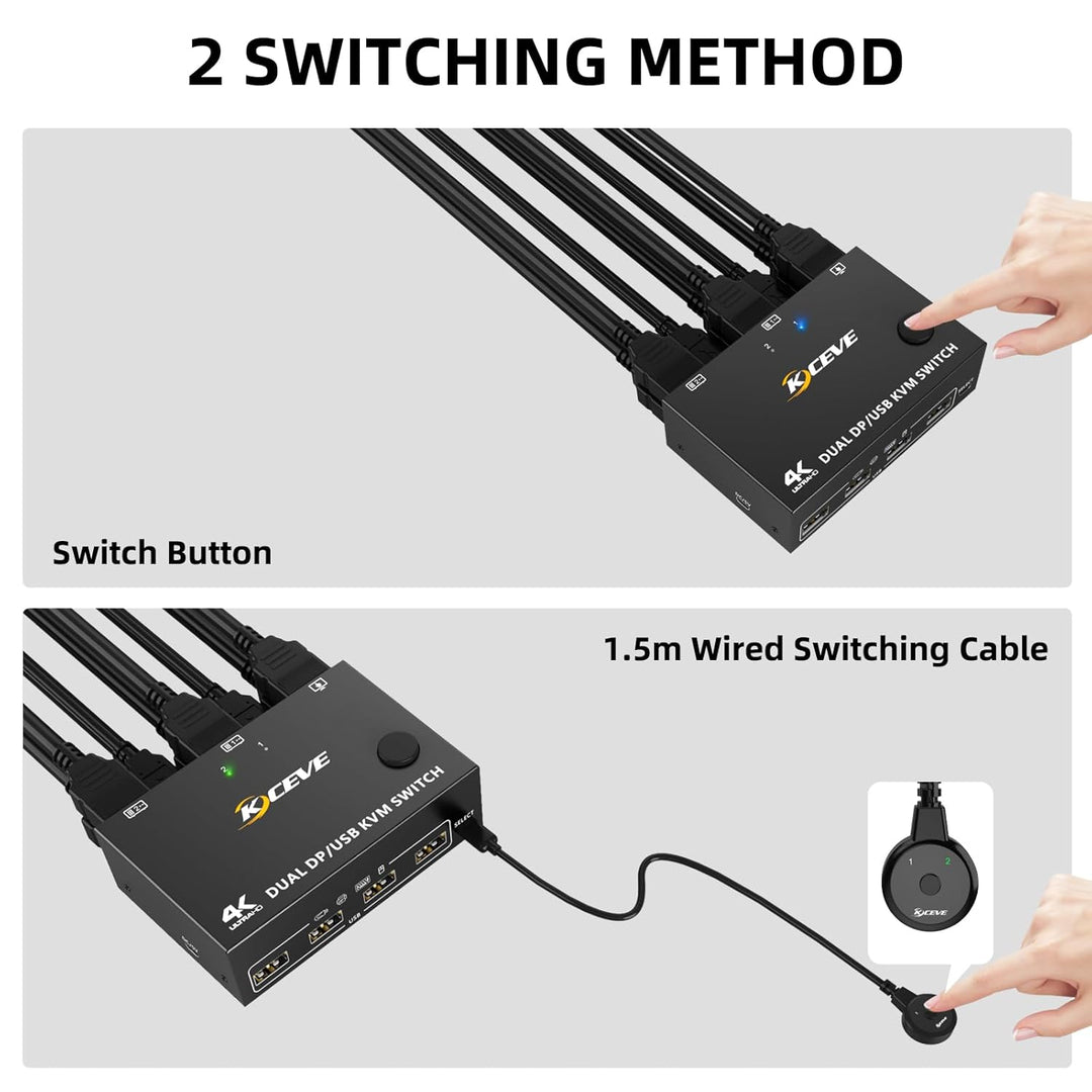 Displayport KVM Switch 2 PC 2 Monitore, KVM Switch 4K@144Hz 8K@30Hz, Dual Monitor KVM Switch Display