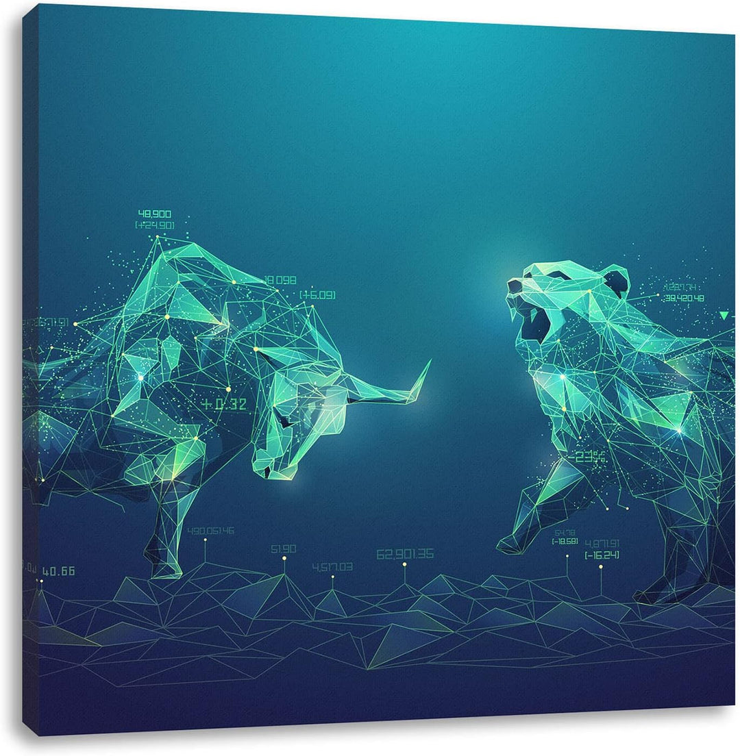 Pixxprint Stier vs. Bär – Börse Aktien als Leinwandbild Quadratisch| Grösse: 60x60 cm | Wandbild | K