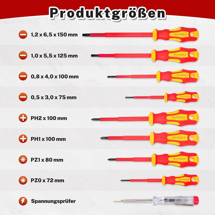 BILITOOLS Isoliertes Schraubendreher-Set 9-tlg. VDE 1000V inkl. Spannungsprüfer – Elektriker-Werkzeu