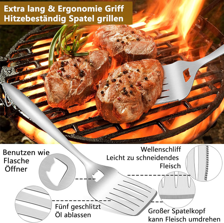 Herogo Grillbesteck Set, 6-teilig Edelstahl Grill Zubehör mit Tragetasche, Grillwerkzeug-Set mit Zan