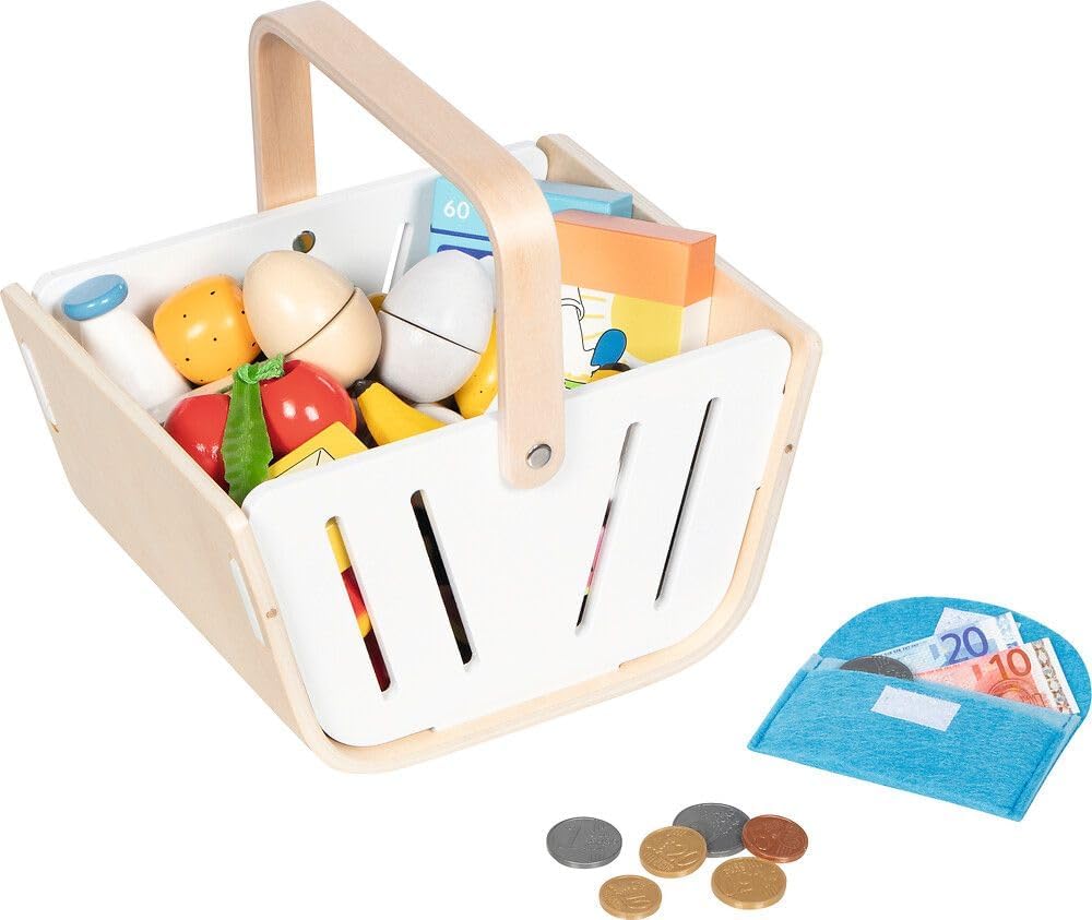 goki 51428 - Einkaufskorb MiniShopper, Tragekorb aus Holz mit klappbaren Tragegriff & Geldbörse aus