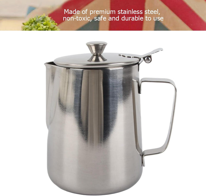 Milch Pitcher, Edelstahl-Aufschäumbecher, Edelstahl-Kaffeetasse, Milchaufschäumkrug mit Deckel für L