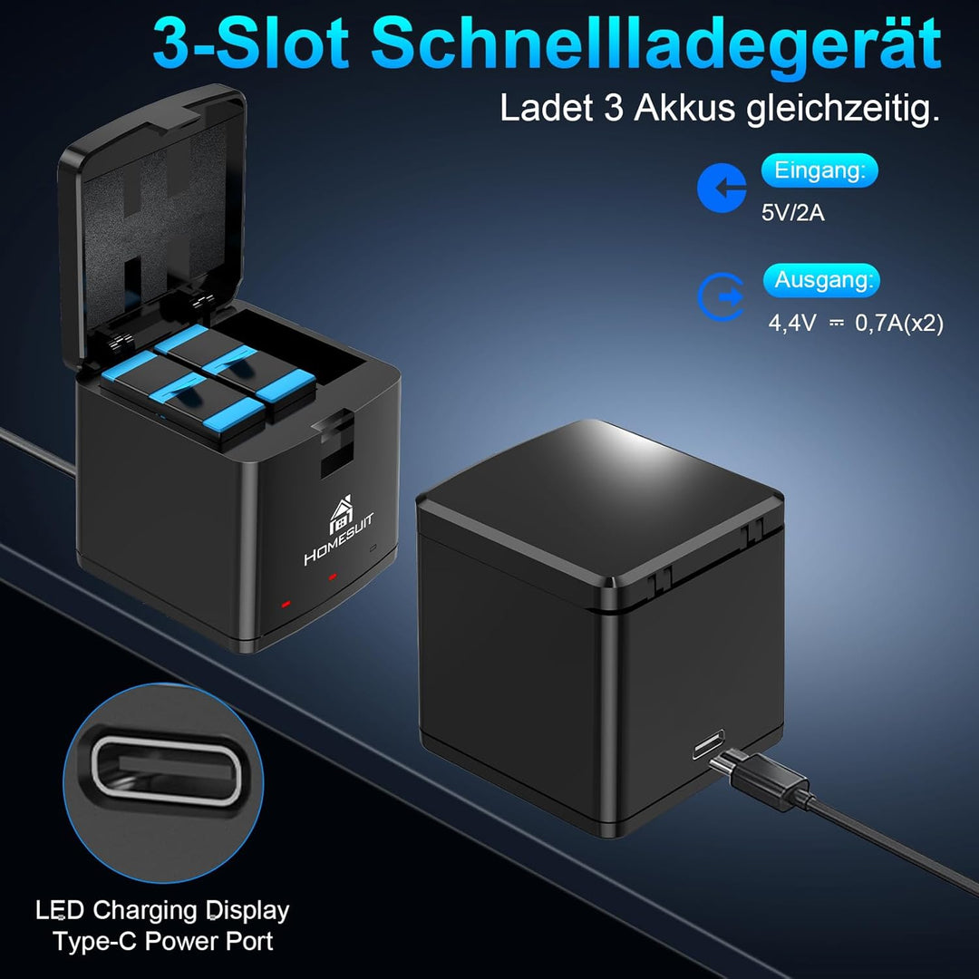 Homesuit Hero 12 11 10 9 Akku 1800mAh und 3-Kanal LED USB Ladegerät Kit mit Typ-C für GoproHero12Bla