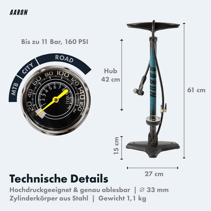 AARON Sport One – Fahrradpumpe für alle Ventile mit Manometer - Standpumpe für Rennrad, E-Bike, Moun