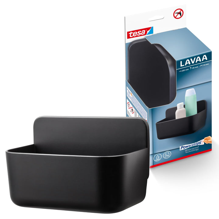 tesa Lavaa Duschkorb S, schwarz matt - Duschablage zur Wandmontage ohne Bohren, inkl. tesa Powerstri