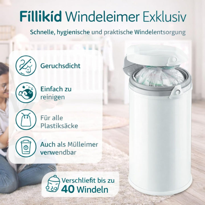 Fillikid Windeleimer Exklusiv | Windeltonne geruchlos | fasst ca. 40 Windel | gross und komfortabel