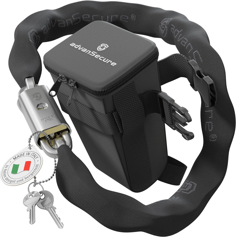 advanSecure® Hochsicherheits-Kettenschloss mit Satteltasche | optimal für Fahrrad und E-Bike | max.