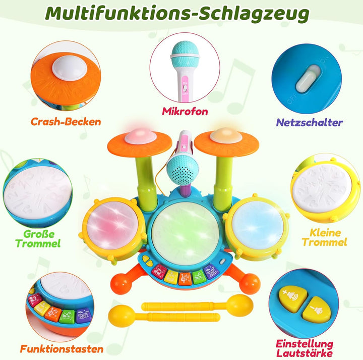 Schlagzeug Kinder Spielzeug - Musikinstrumente für Kinder ab 1 Jahr Mit Kinderreimen &amp; Lichtfunktion