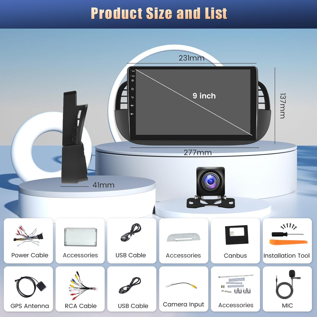 [8Cores 2G+64G] Hikity Autoradio Navi für FIAT 500 2007-2015 Android 15 9Zoll Touch Display mit FM R