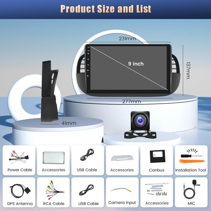 [8Cores 2G+64G] Hikity Autoradio Navi für FIAT 500 2007-2015 Android 15 9Zoll Touch Display mit FM R