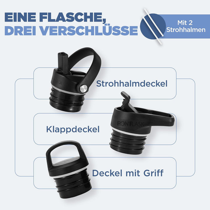 IRON °FLASK Edelstahl Trinkflasche mit 3 Deckel - Auslaufsicher Thermosflasche - Metall Wasserflasch