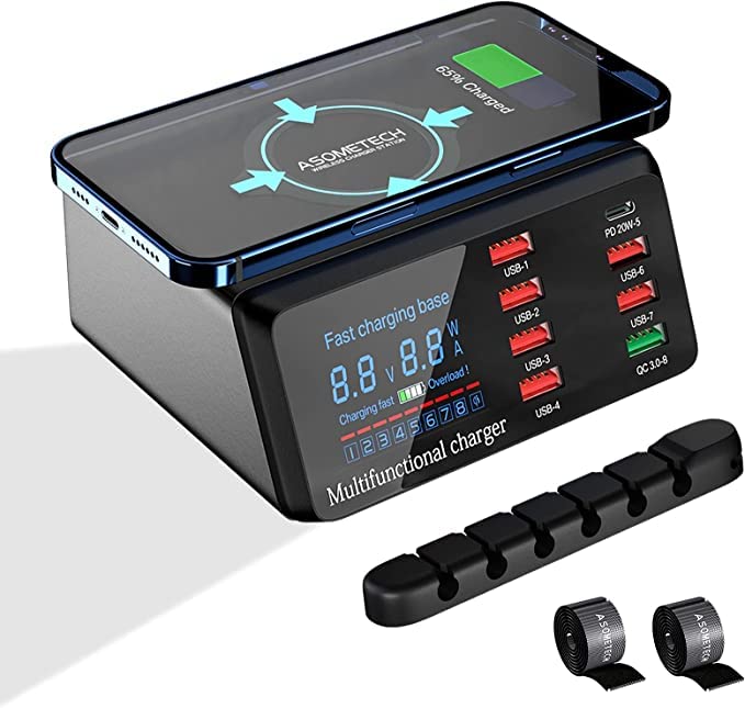 ASOMETECH USB Ladegerät Hub 100W 8-Port Desktop Multi USB Ladestation mit Typ C Port, Quick Charge 3