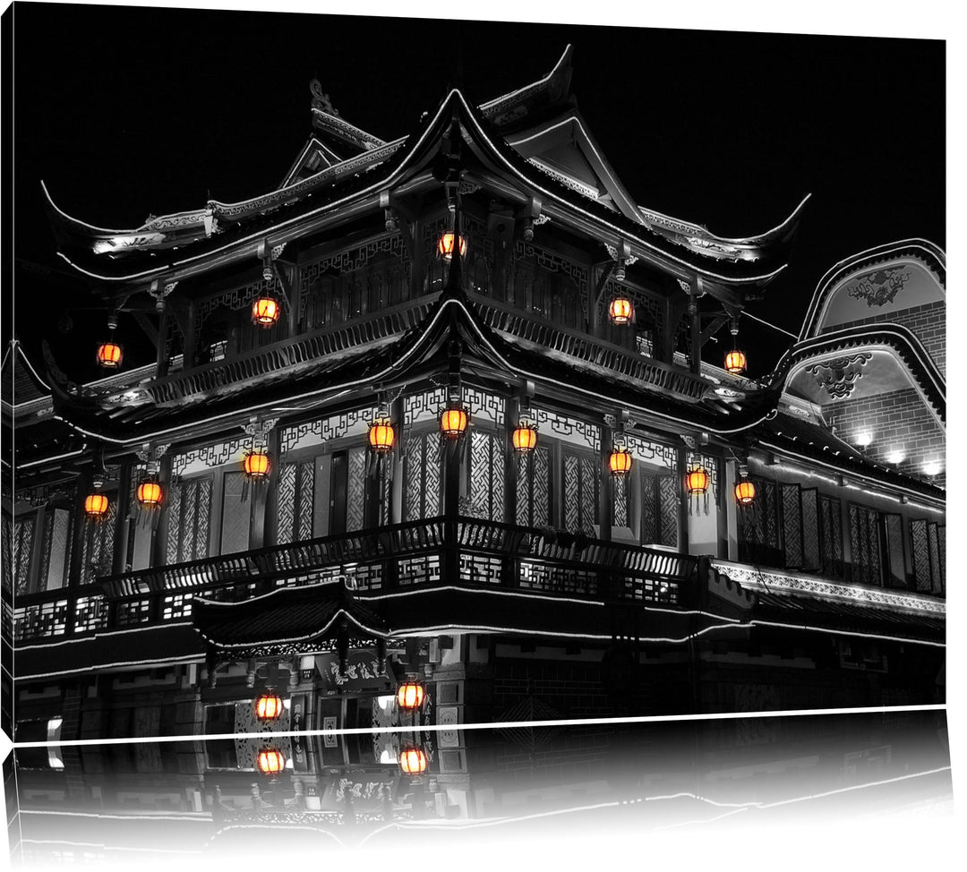 Dark traditionelles chinesisches Haus schwarz/weiss auf Leinwand, XXL riesige Bilder fertig gerahmt