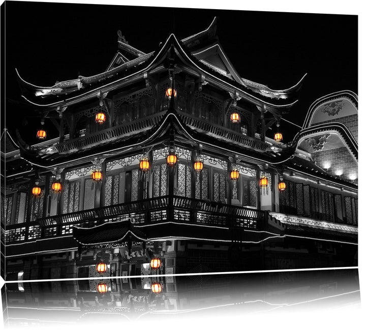 Dark traditionelles chinesisches Haus schwarz/weiss auf Leinwand, XXL riesige Bilder fertig gerahmt